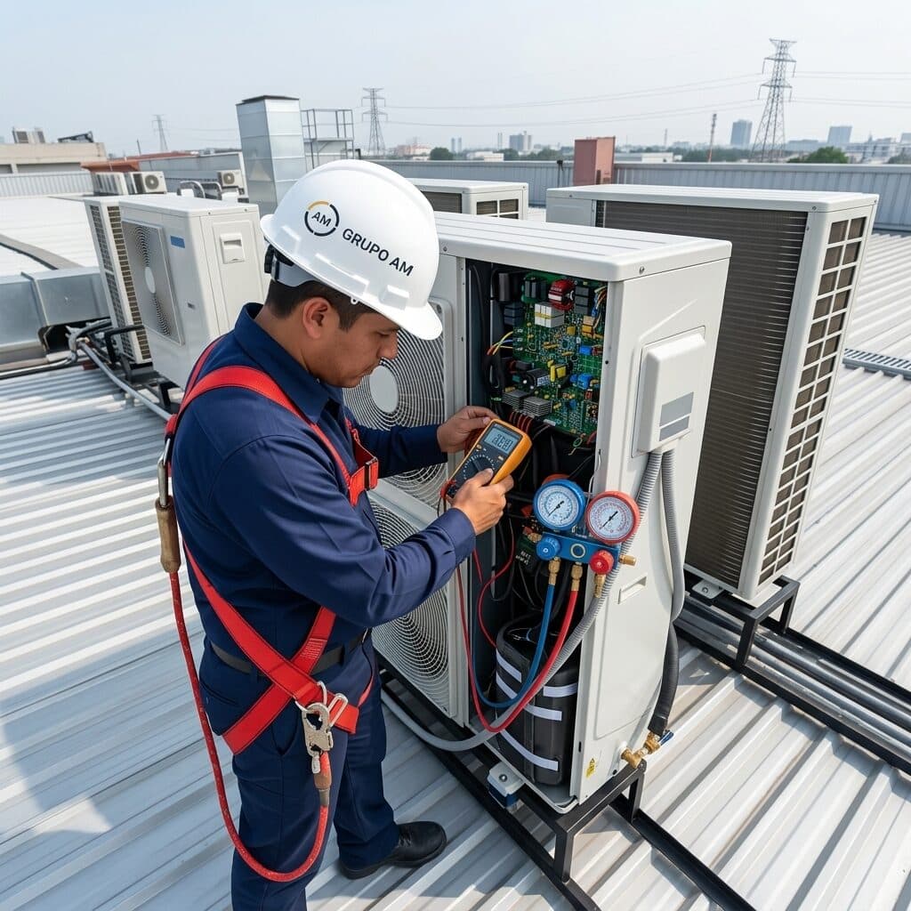 Técnico Grupo AM realizando mantenimiento de clima en techumbre